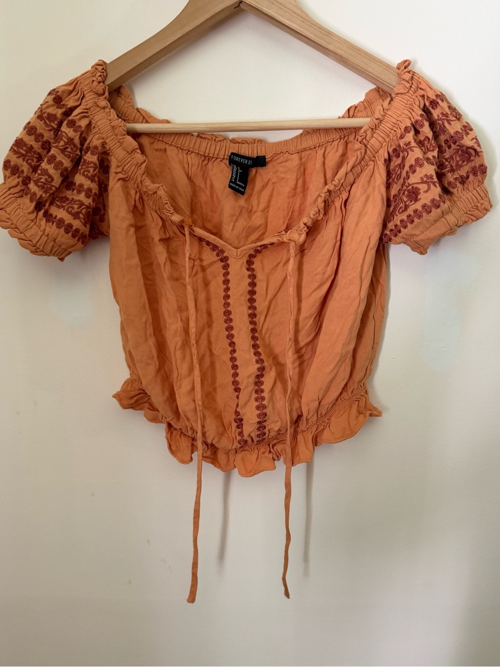 Forever 21 Rust Orange Embroidered Off-Shoulder Crop Top